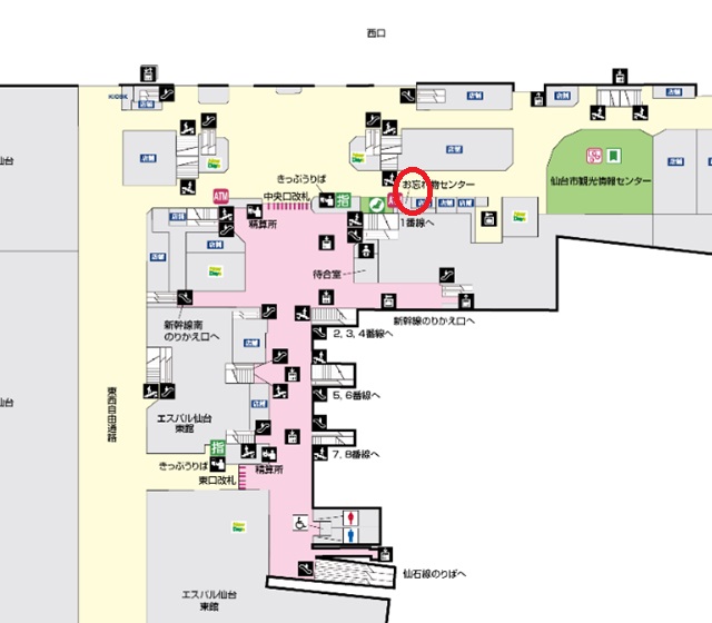 仙台駅の忘れ物センターの場所の構内図