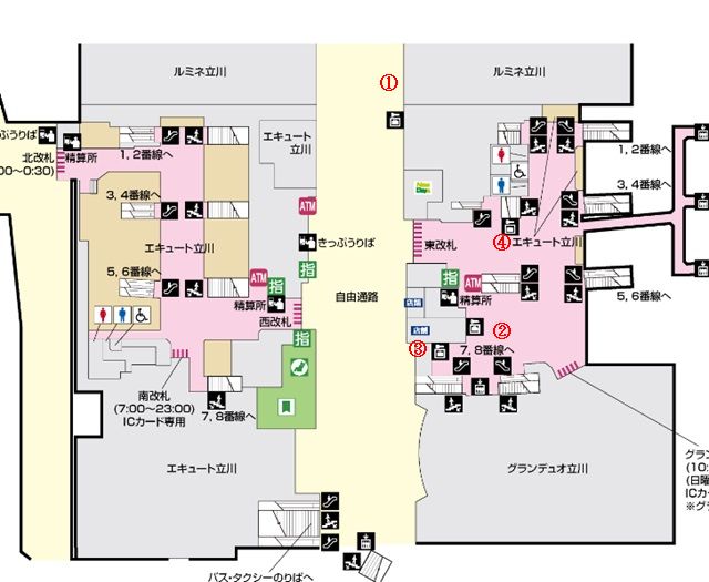 立川駅の構内図。コインロッカーの場所