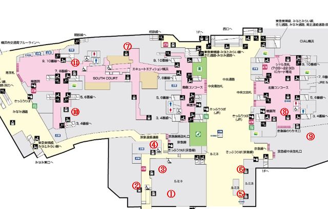 横浜駅の構内図でのコインロッカーの場所