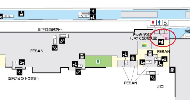 岩手銀河鉄道の場所を示す盛岡駅一階の構内図