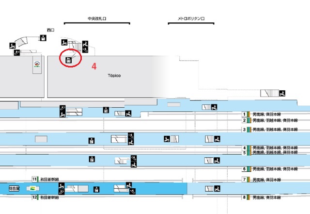 秋田駅一階のコインロッカーの場所を記した構内図
