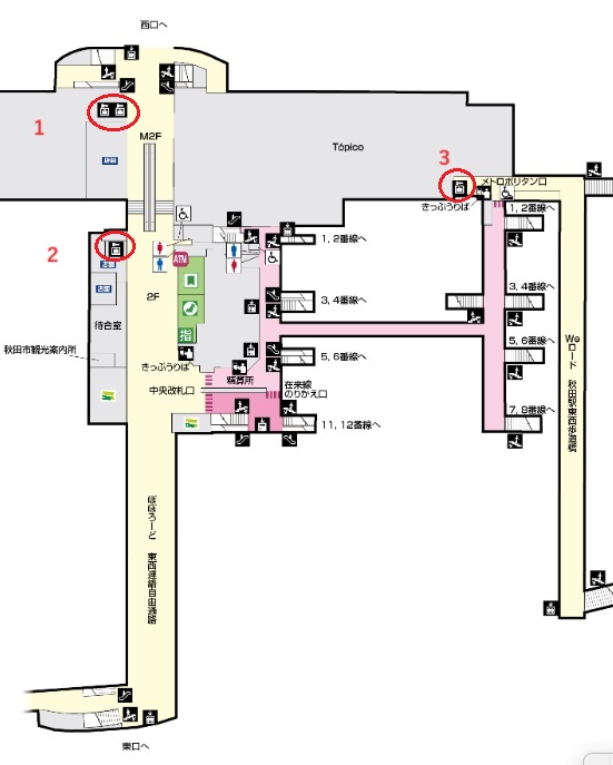 秋田駅二階のコインロッカーの場所を記した構内図