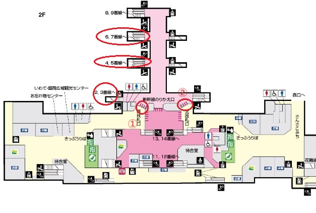盛岡駅の普通在来線の改札口を示す構内図