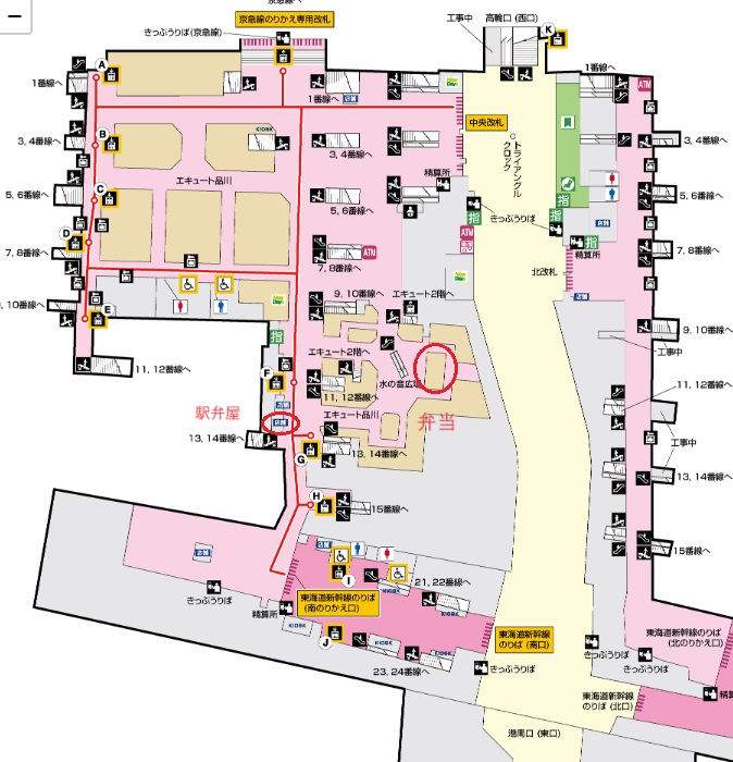 品川駅の駅弁：駅弁屋の場所を記した構内図