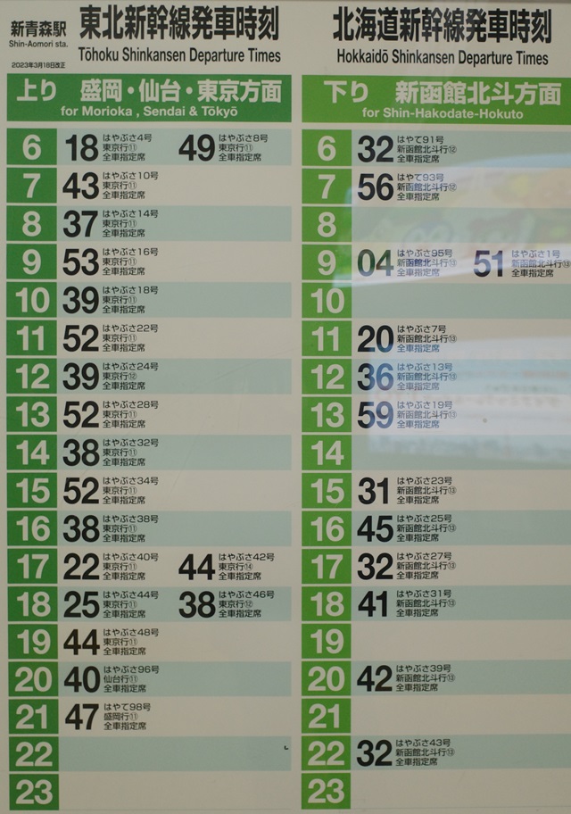 新青森駅の新幹線の時刻表の写真