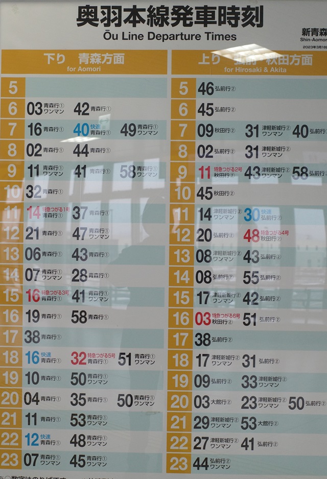 新青森駅の奥羽本線の時刻表の写真