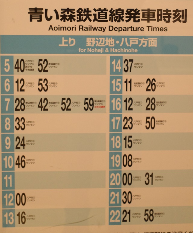 青い森鉄道線の時刻表の写真