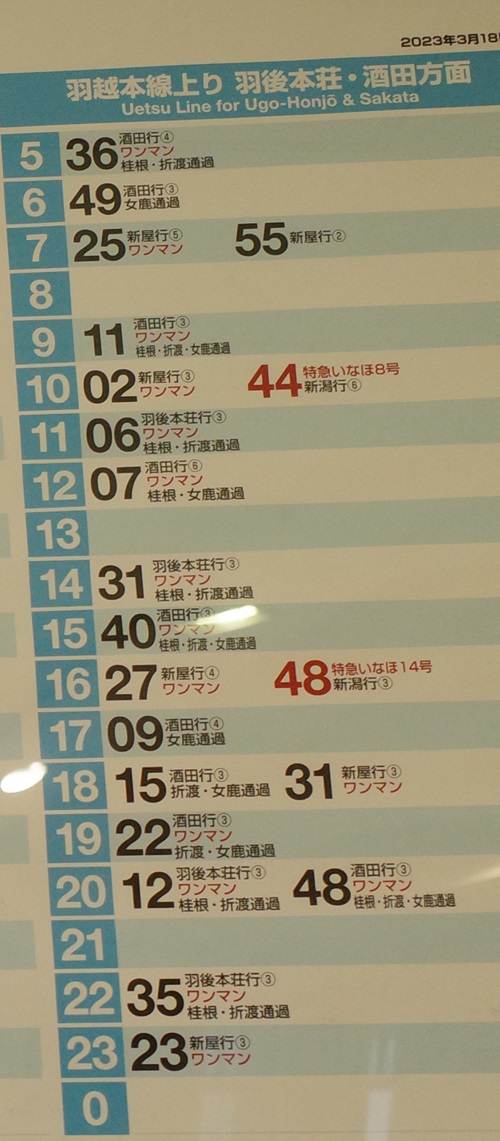 羽越本線の秋田駅発の時刻表