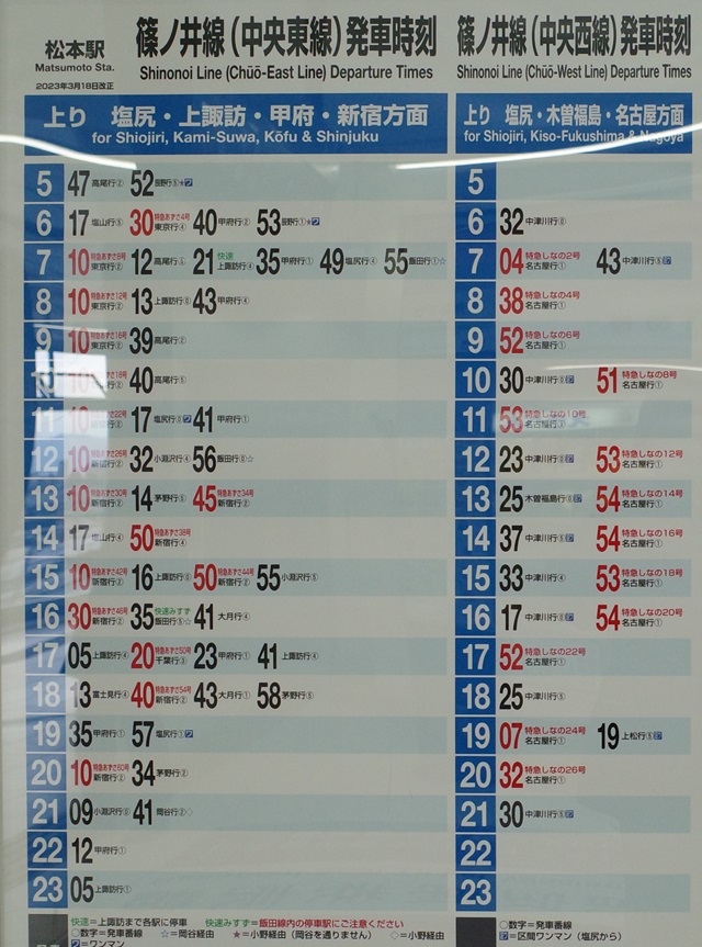 松本駅発中央東・西線の時刻表の写真
