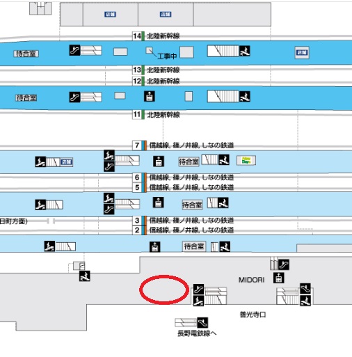 長野駅の構内図でスタバの場所を案内