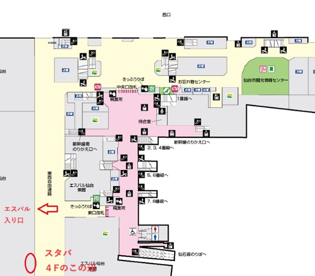 スタバの場所を記した仙台駅二階の構内図