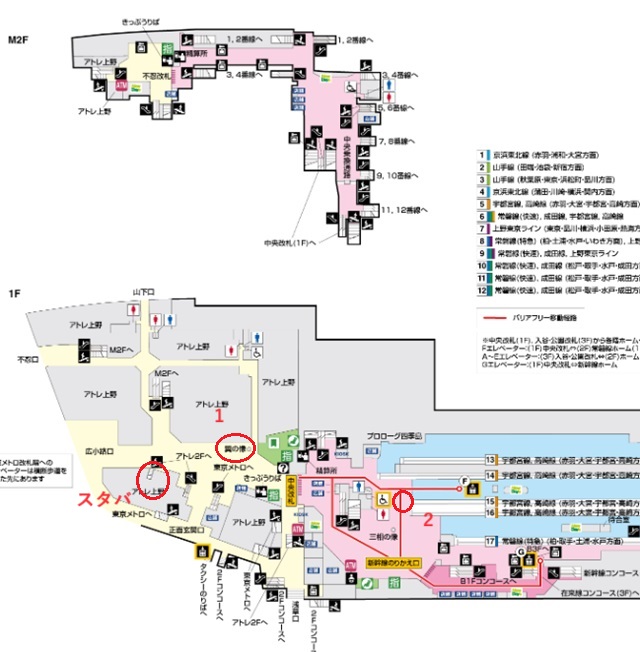 上野駅の待ち合わせ場所のおすすめを記した構内図