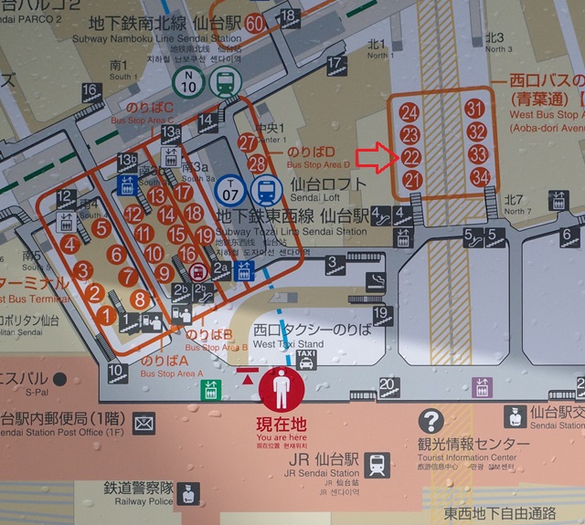 仙台駅の22番乗り場のマップ