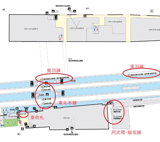 福島駅在来電車乗り場の構内図