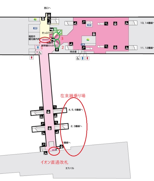 福島駅在来電車乗り場の構内図