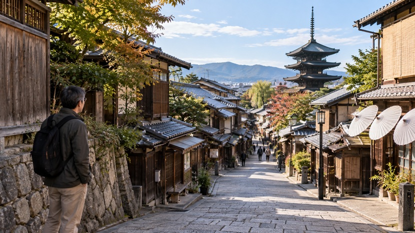 以前訪れたことのある日本の古い町並みを眺める人物