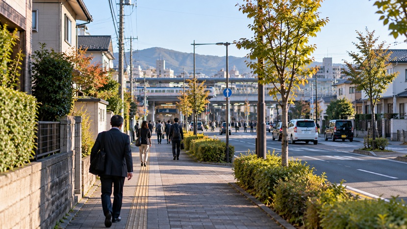 朝の住宅街から駅へ歩く通勤者と周囲の街並み