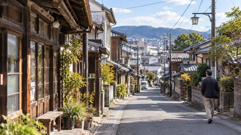 昔の面影が残る日本の街並みを歩きながら眺める人物