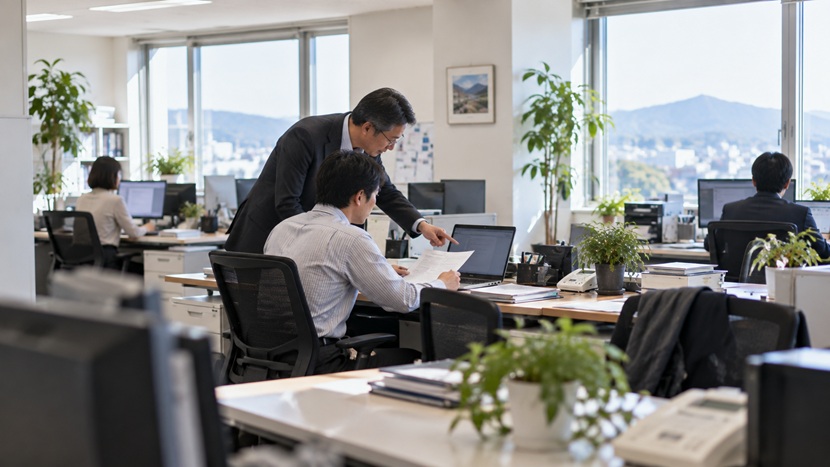 オフィスでパソコンの文章と資料を確認している会社員
