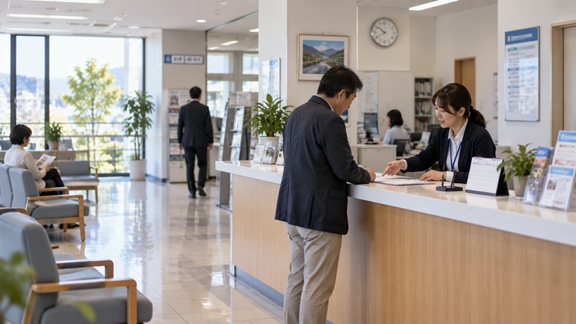 受付で書類を見ながら申し込み期限と開始日を確認する人物