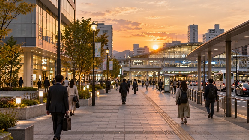 夕方の駅前を歩く人々と奥へ続く街並み
