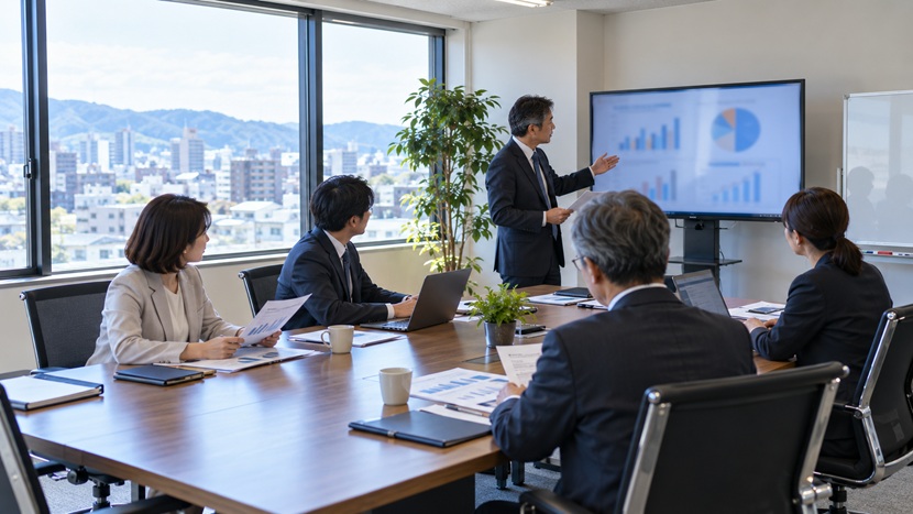 会議室で以前から変わらない課題や状況を資料で報告する会社員