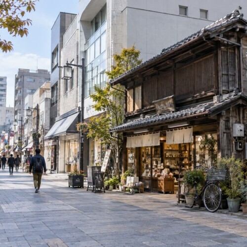 新しい建物が増えた街で昔と変わらず残る古い店舗