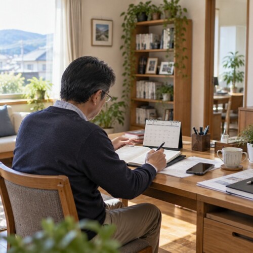 カレンダーとスケジュール帳を見ながら日付の前後を確認する人物