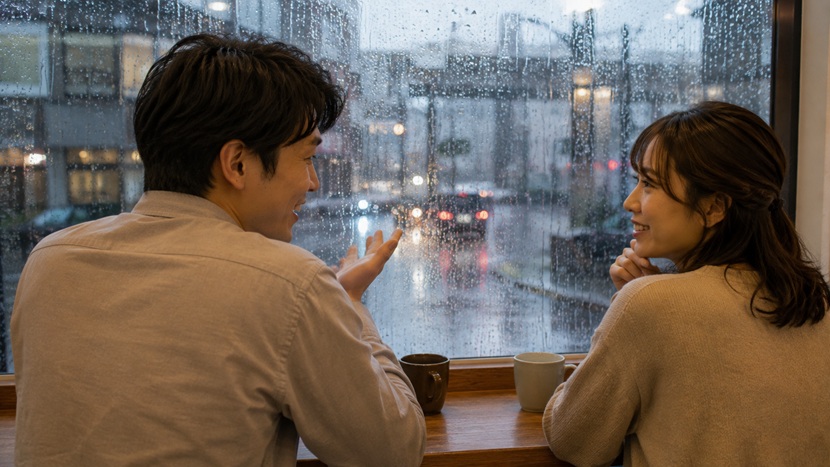「大雨を眺めながら皮肉を交えて会話する男女」