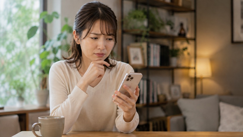 「スマートフォンのメッセージの意味に戸惑う女性」