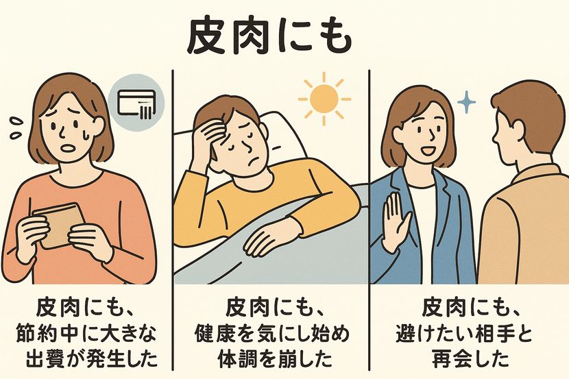 皮肉にもと考えて戸惑う女性のイラスト