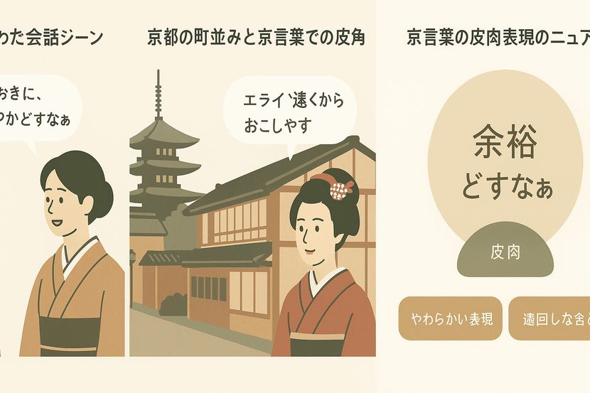 京都の町並みを背景に京都弁の皮肉を話す女性のイラスト