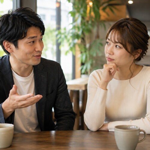 「皮肉を交えた会話をする日本人男女」