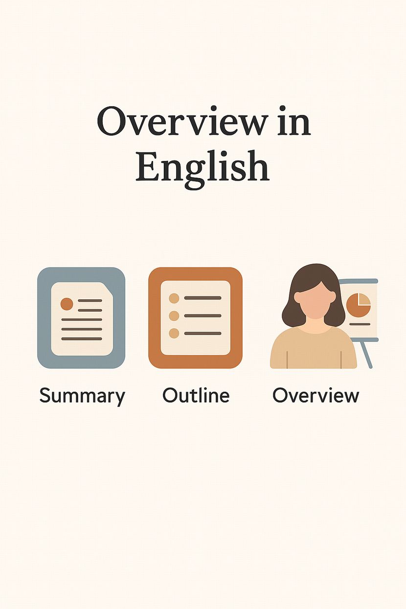 英語の概要表現と分野別アイコンを示す北欧風図解