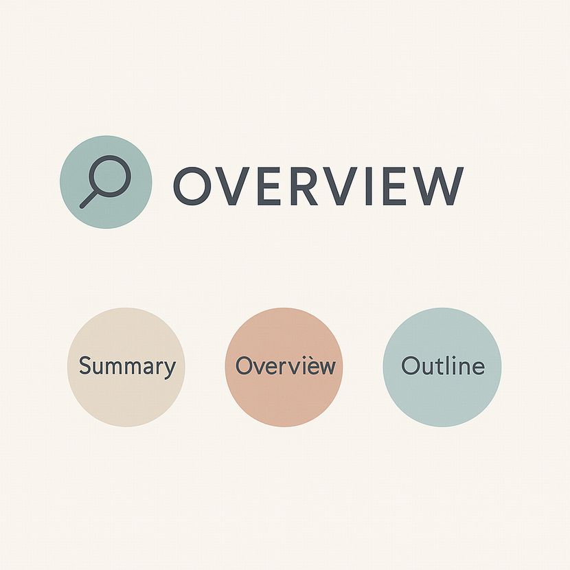 白背景でOverview・Summary・Outlineの3語を示す北欧ミニマル図解