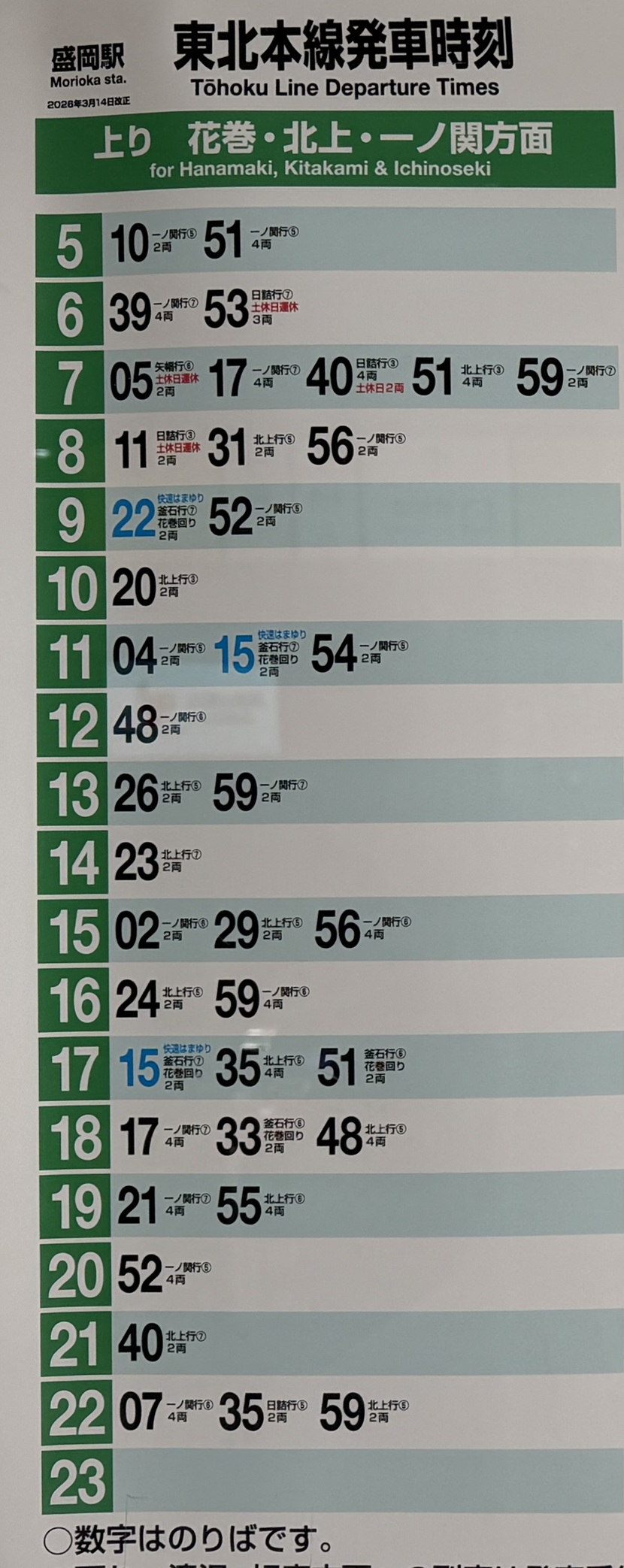 盛岡駅 東北本線の時刻表（現地写真）