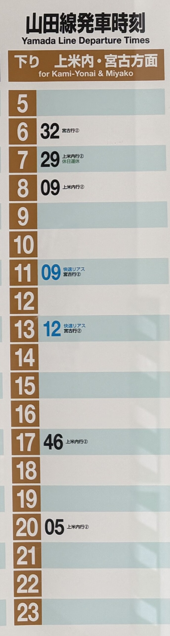 盛岡駅 山田線の時刻表（現地写真）