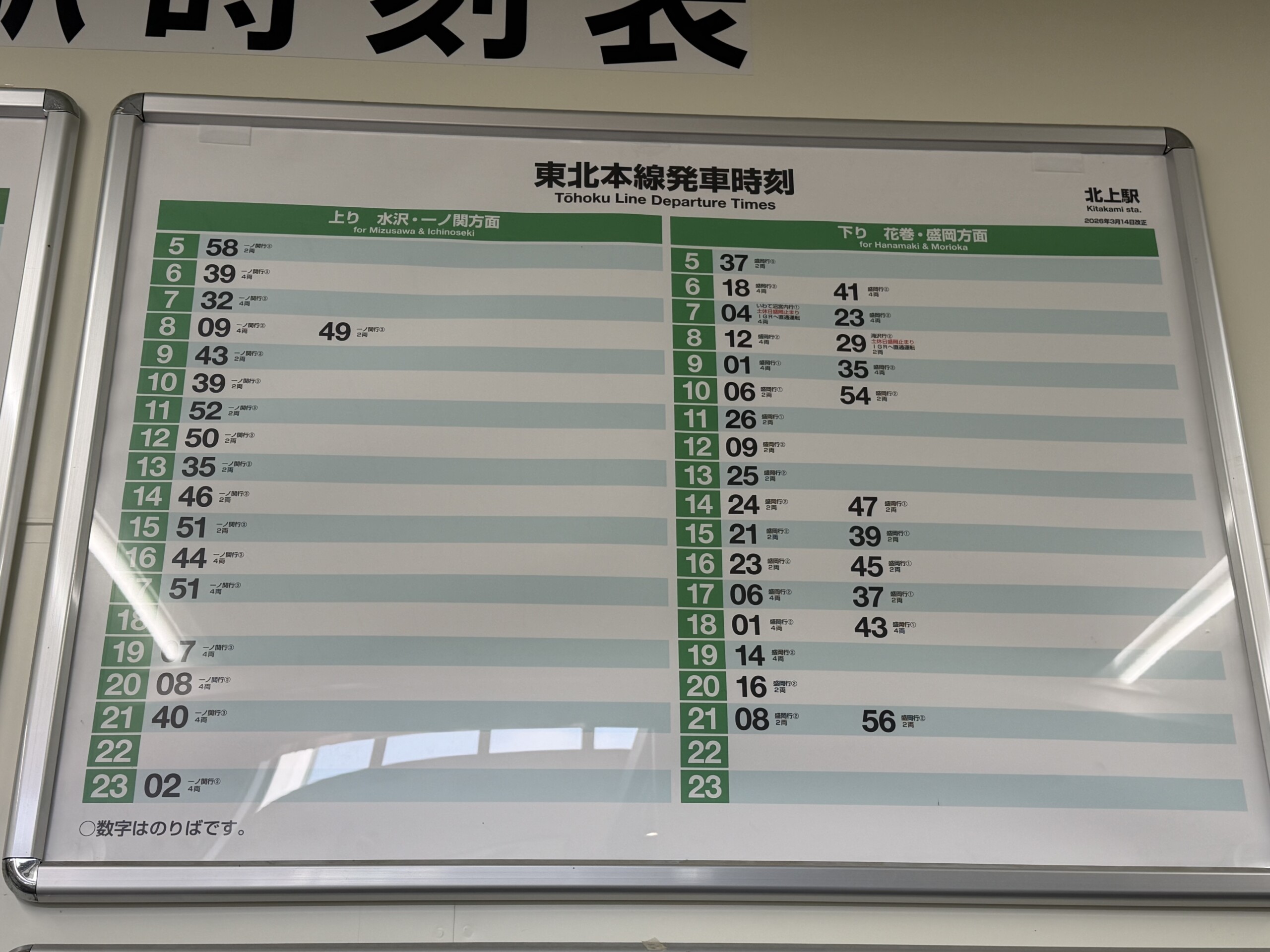 北上駅 東北線の時刻表(現地写真)