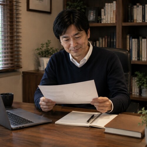 自分の成果に満足して悦に入っている日本人男性