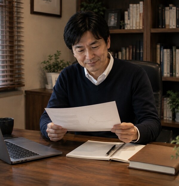 自分の成果に満足して悦に入っている日本人男性
