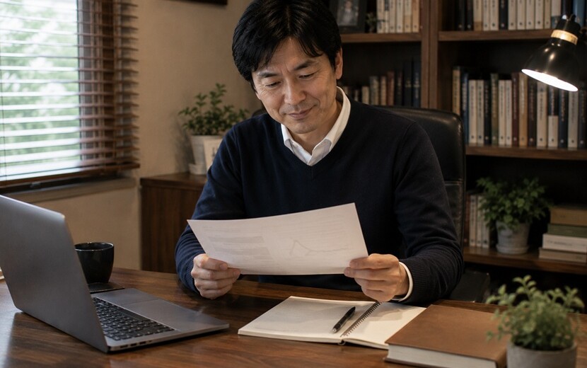 自分の成果に満足して悦に入っている日本人男性