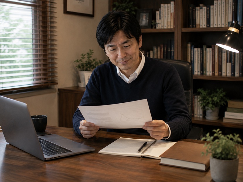 自分の成果に満足して悦に入っている日本人男性
