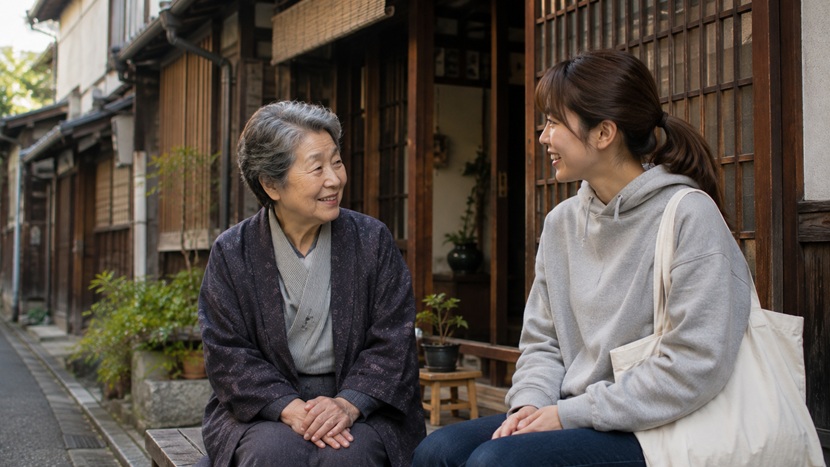 京都の町家で会話する年配女性と若い女性