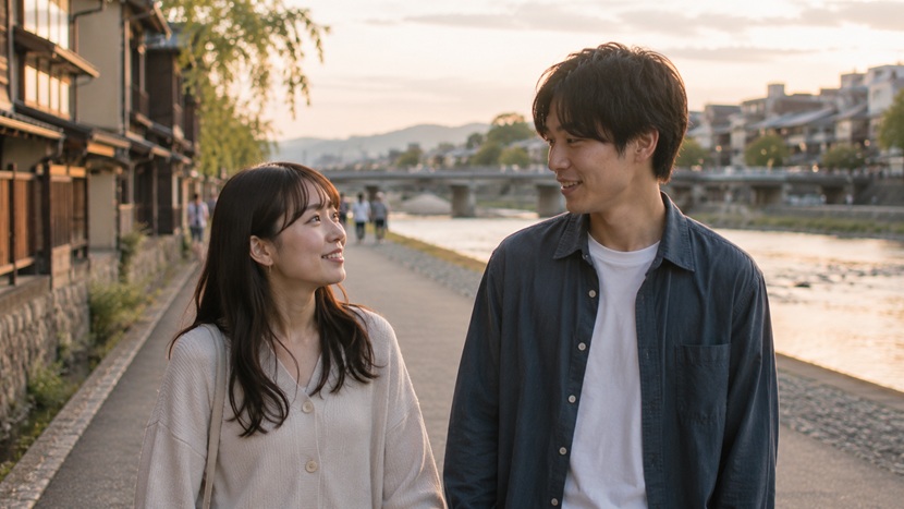 京都の鴨川沿いで会話する若い男女