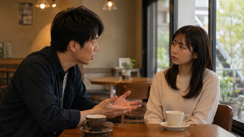 気まずい雰囲気で会話するカップル