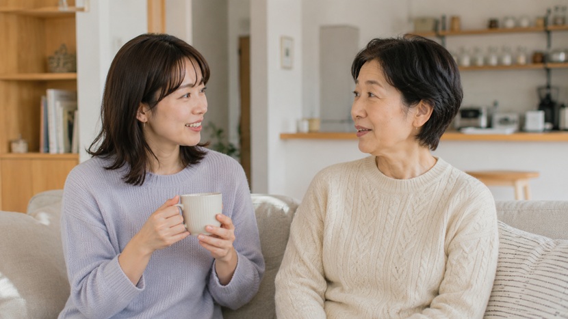 京都の家庭で「はる」を使った日常会話をする女性
