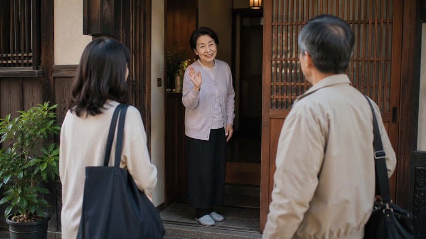 京都の町家で家族を送り出す昔ながらの日常風景