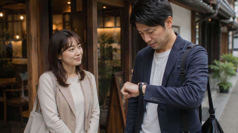 待ち合わせに遅刻して腕時計を見ながら気まずそうにする男性
