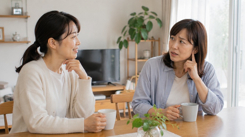 京都の家庭で穏やかに会話しながら言葉の真意を考える女性