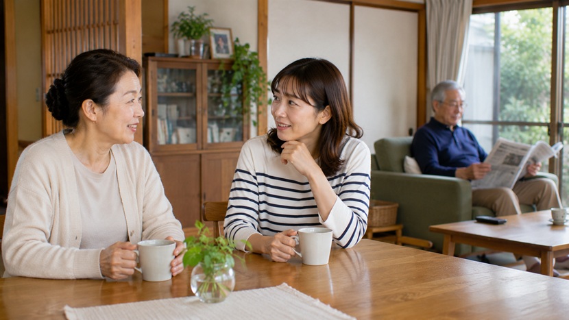 京都の家庭で家族について「~はる」を使って会話する女性